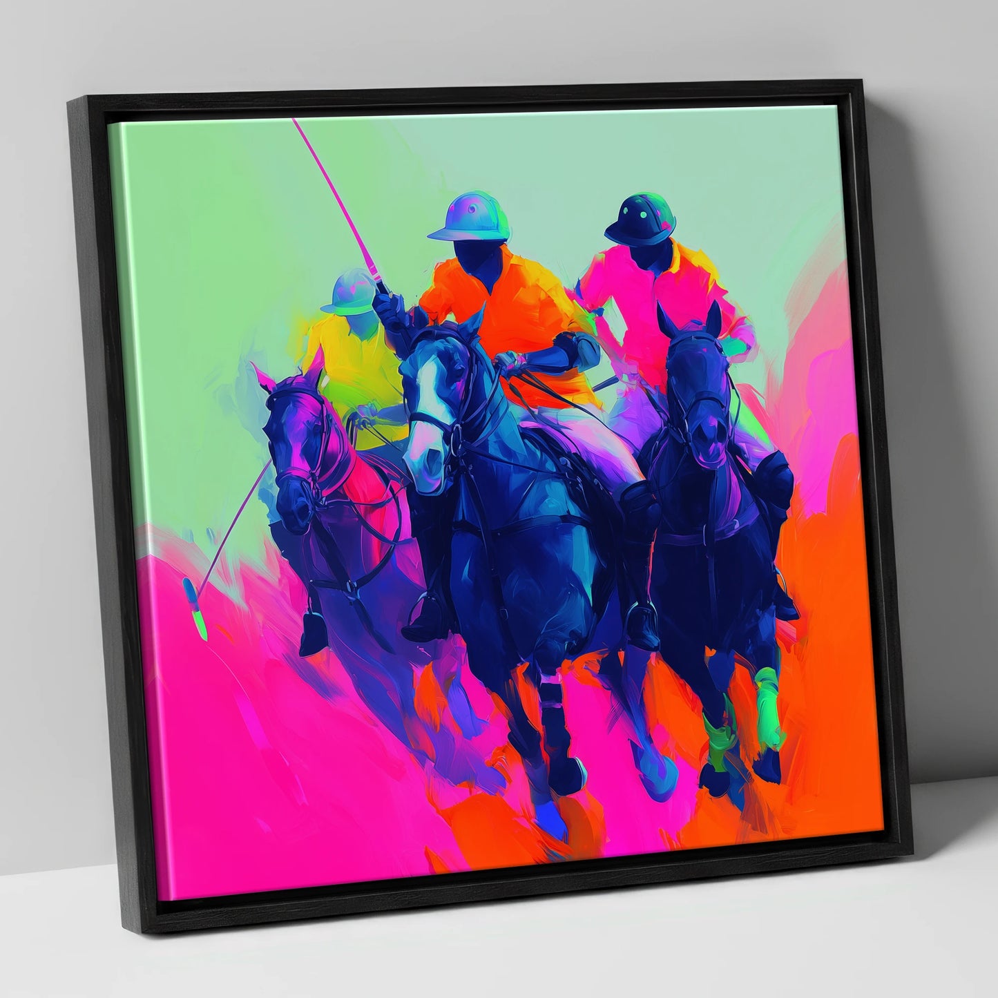 Pulse of the Match polo horse canvas wall art in black frame