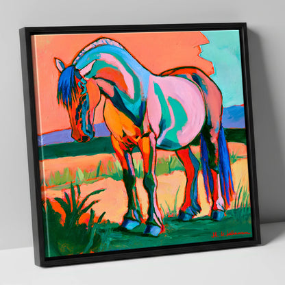 Colourful Contemporary Standing Horse horse breed canvas wall art in black frame