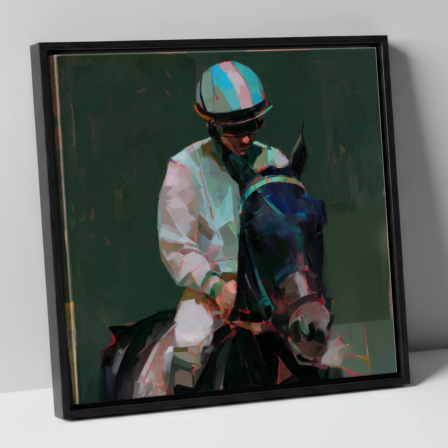 Pre-Race Focus racing horse canvas wall art in black frame