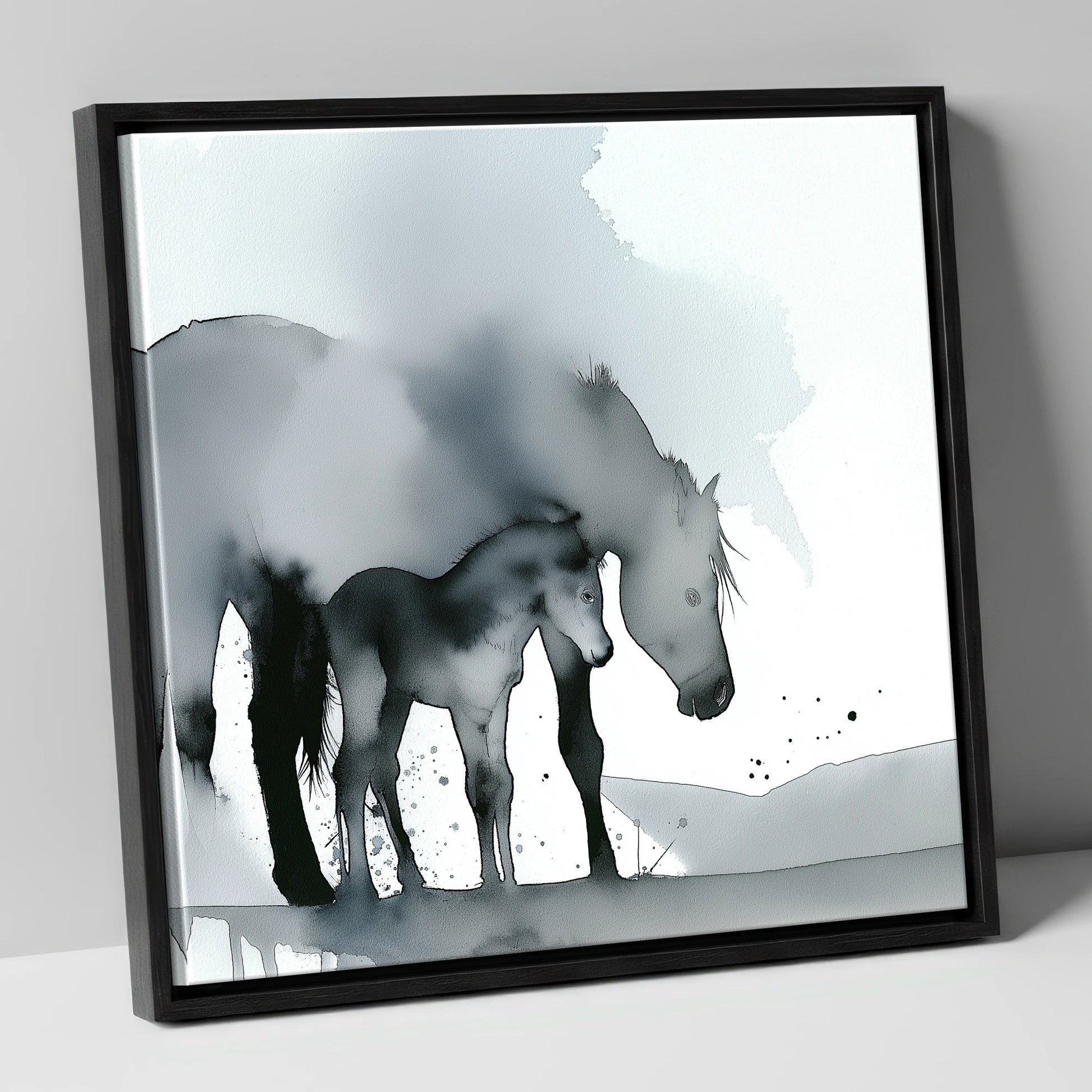Gentle Shadows mare & foal canvas wall art in black frame