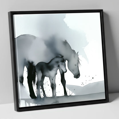 Gentle Shadows mare & foal canvas wall art in black frame