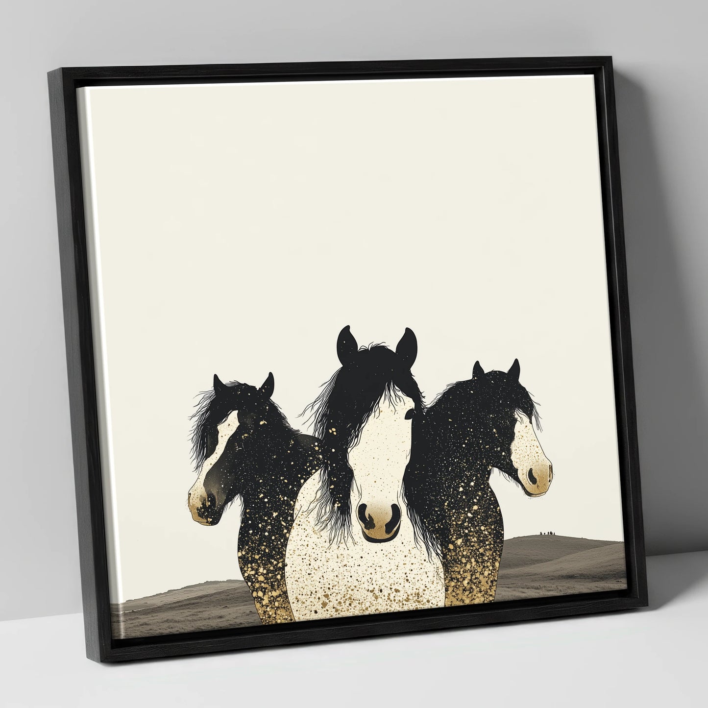 Gilded Companions horse landscape canvas wall art in black frame