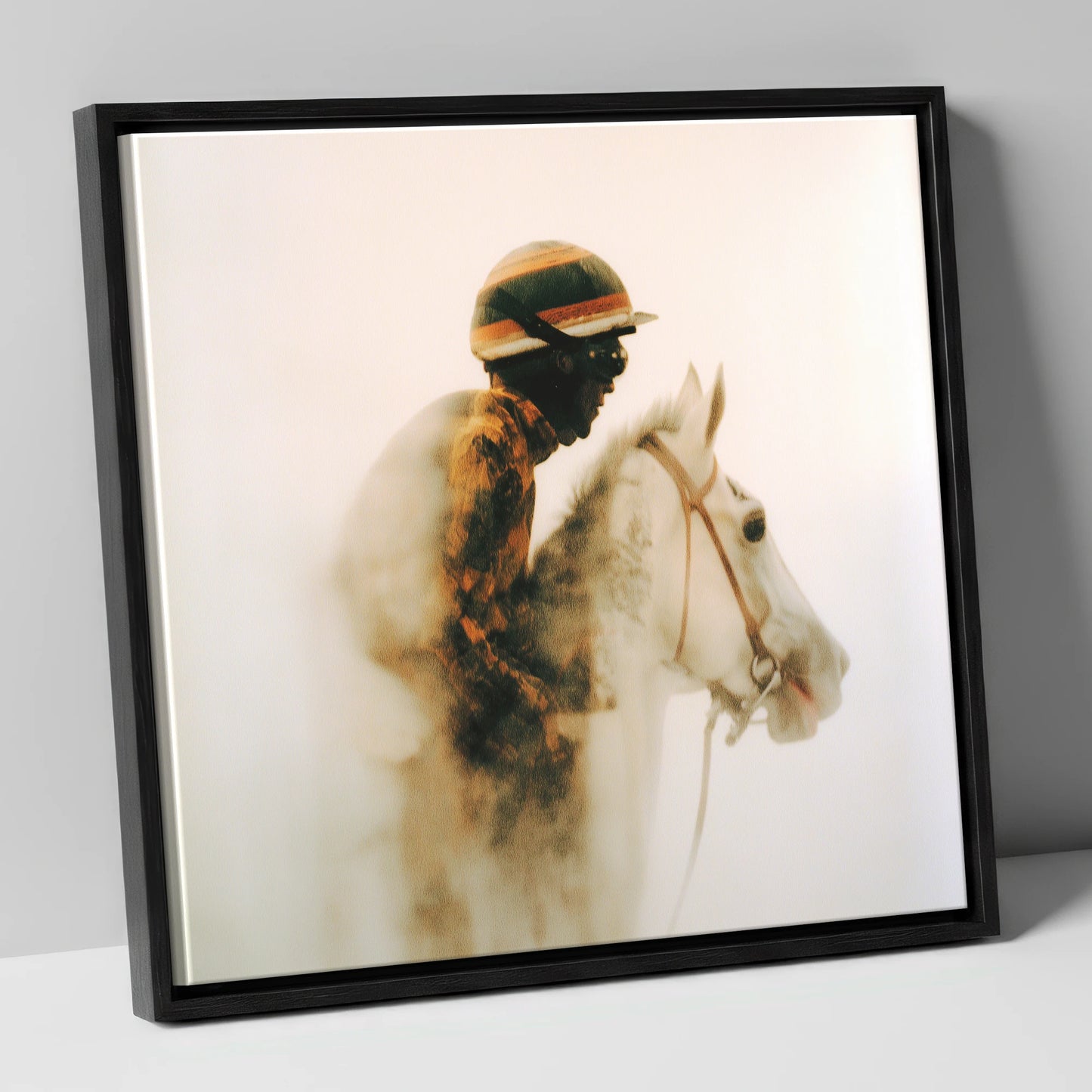 Echoes of the Track racing horse canvas wall art in black frame