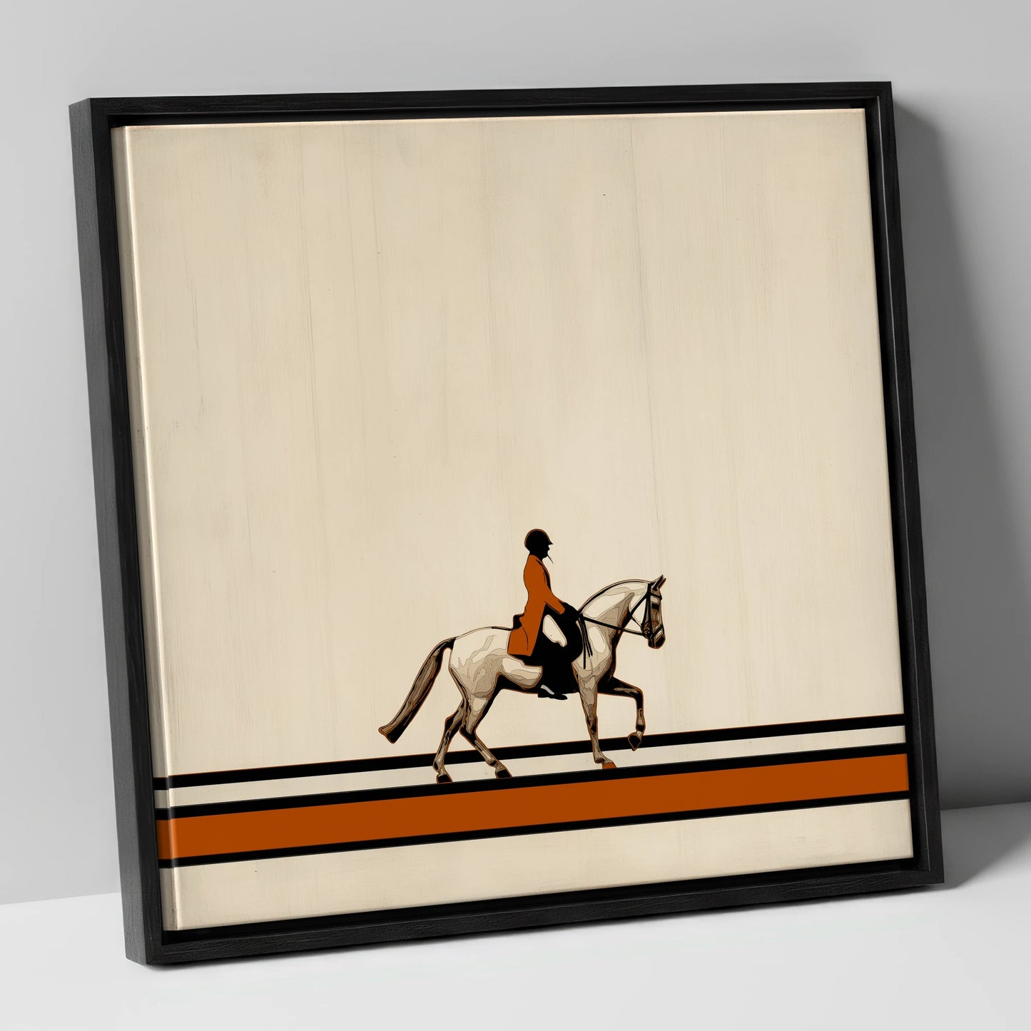 Precision in Burnt Orange dressage horse canvas wall art in black frame