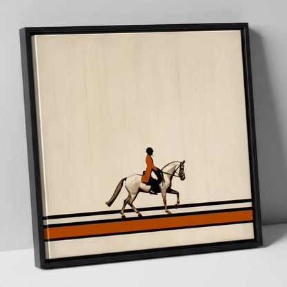 Precision in Burnt Orange dressage horse canvas wall art in black frame