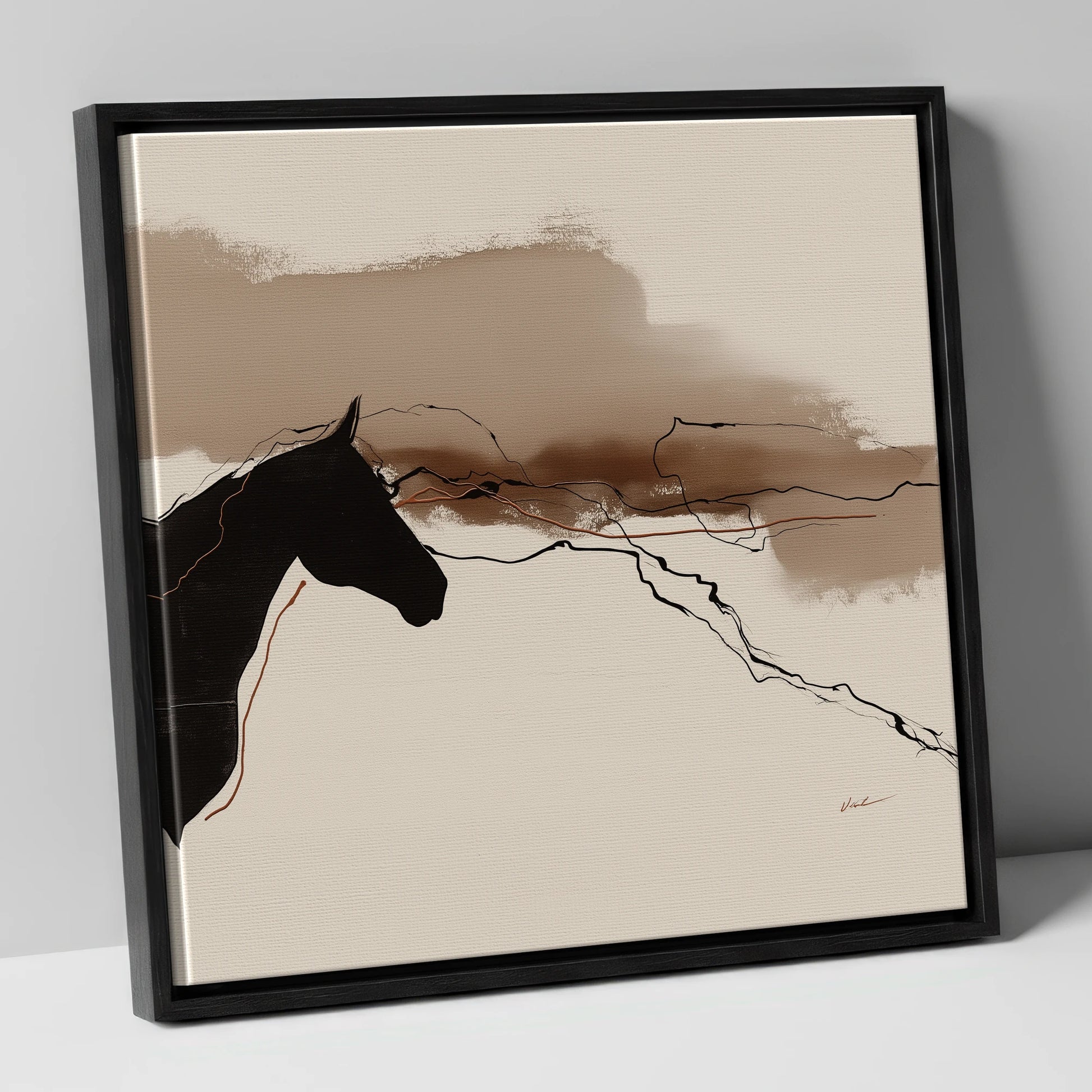 Abstract Sepia Silhouette horse portrait canvas wall art in black frame