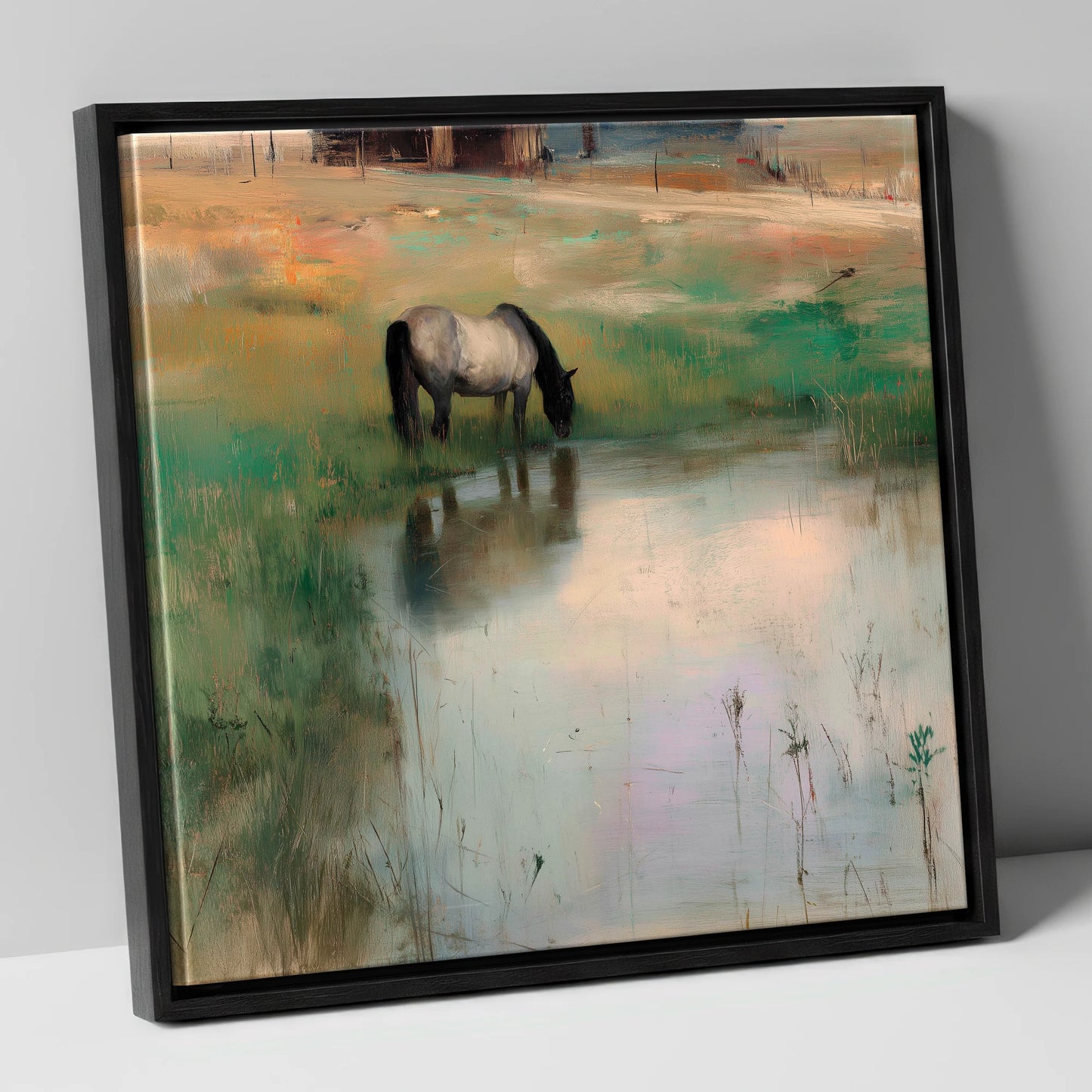 Tranquil Reflections horse landscape canvas wall art in black frame