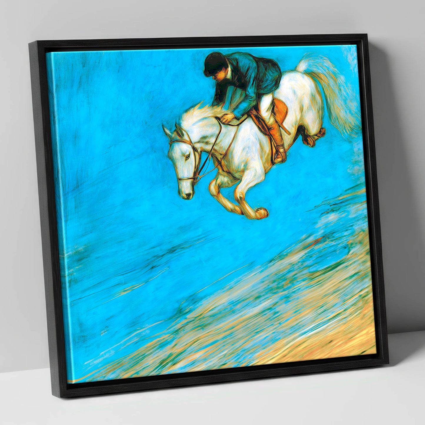 Cerulean Flight show jumping horse canvas wall art in black frame