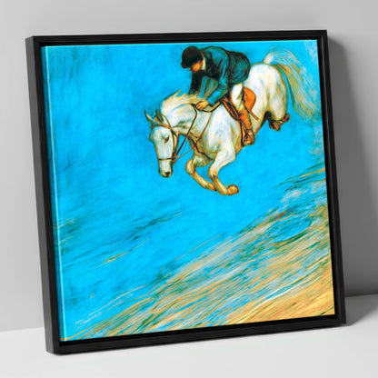Cerulean Flight show jumping horse canvas wall art in black frame