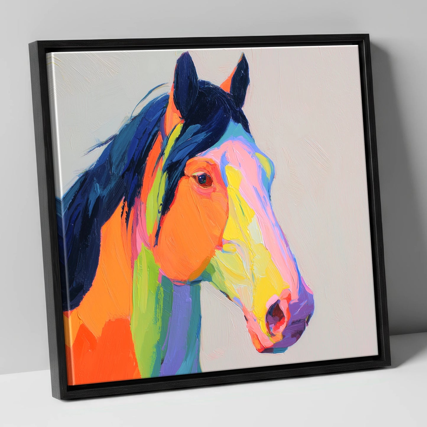 Technicolour Equine Profile horse portrait canvas wall art in black frame