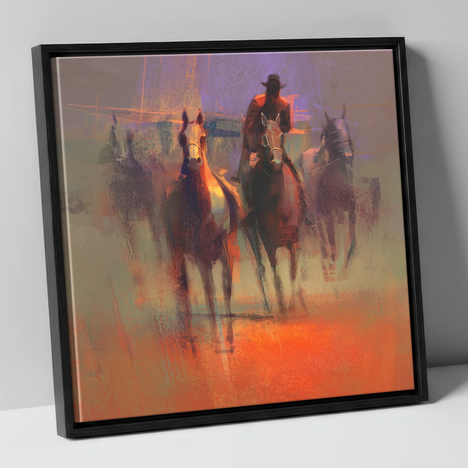 Through the Morning Dust racing horse canvas wall art in black frame