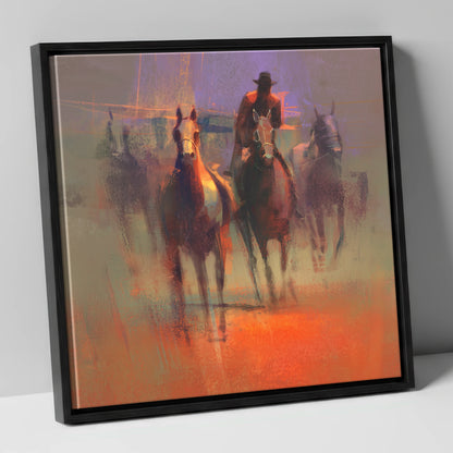 Through the Morning Dust racing horse canvas wall art in black frame