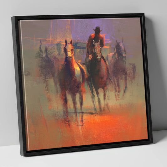 Through the Morning Dust racing horse canvas wall art in black frame