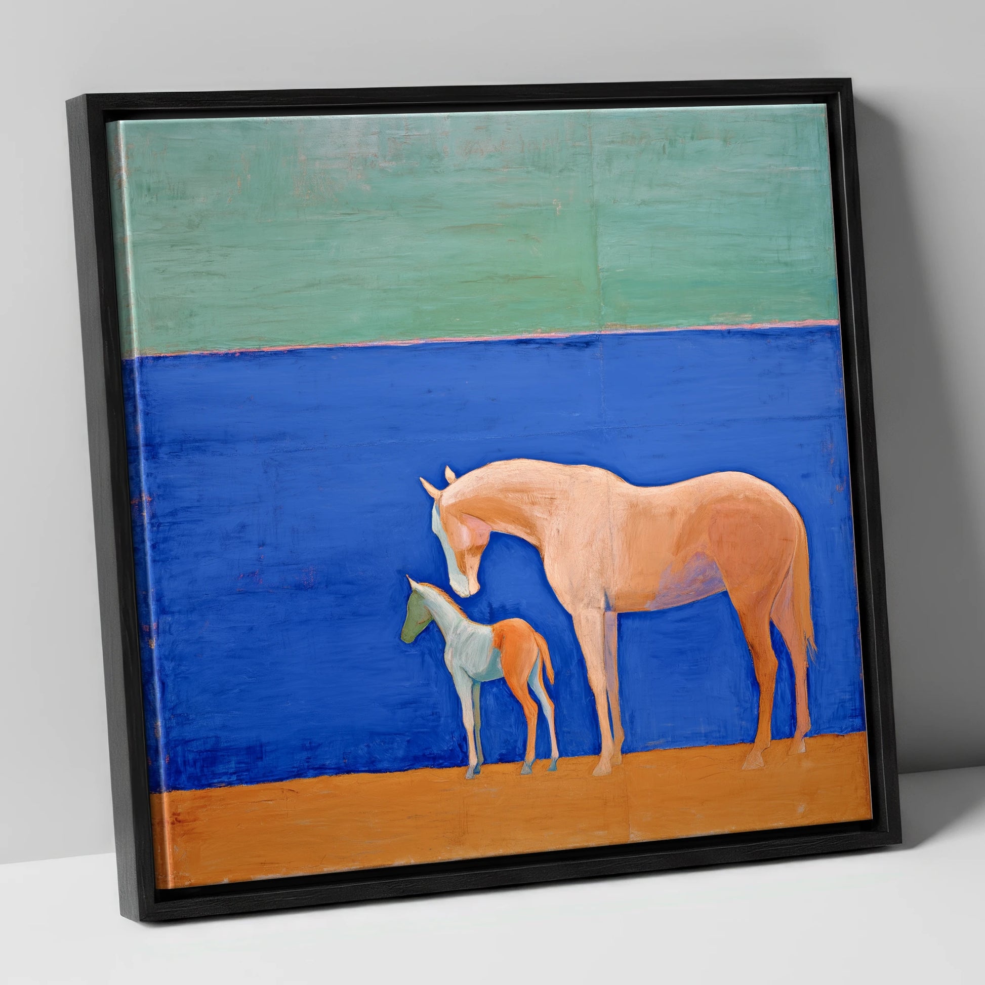 Cobalt Bond mare & foal canvas wall art in black frame