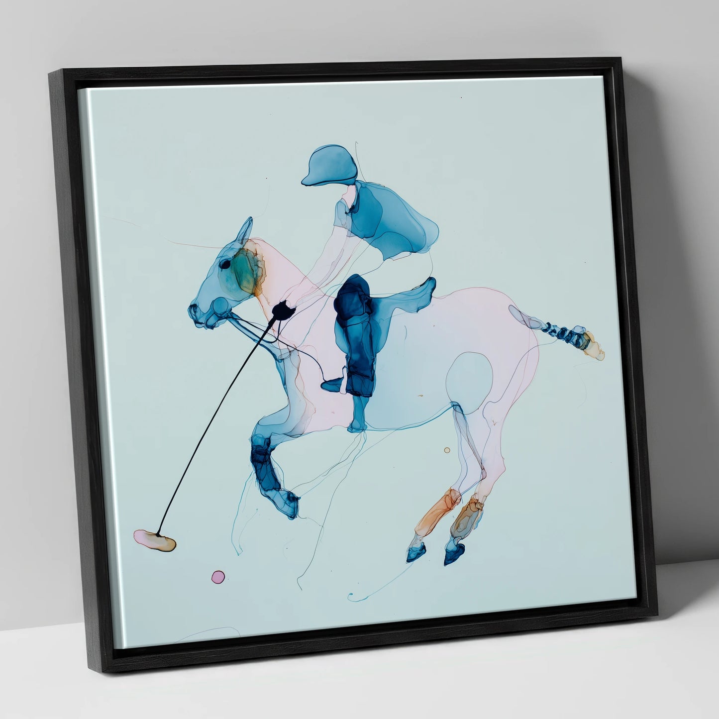 Ethereal Polo Strike polo horse canvas wall art in black frame