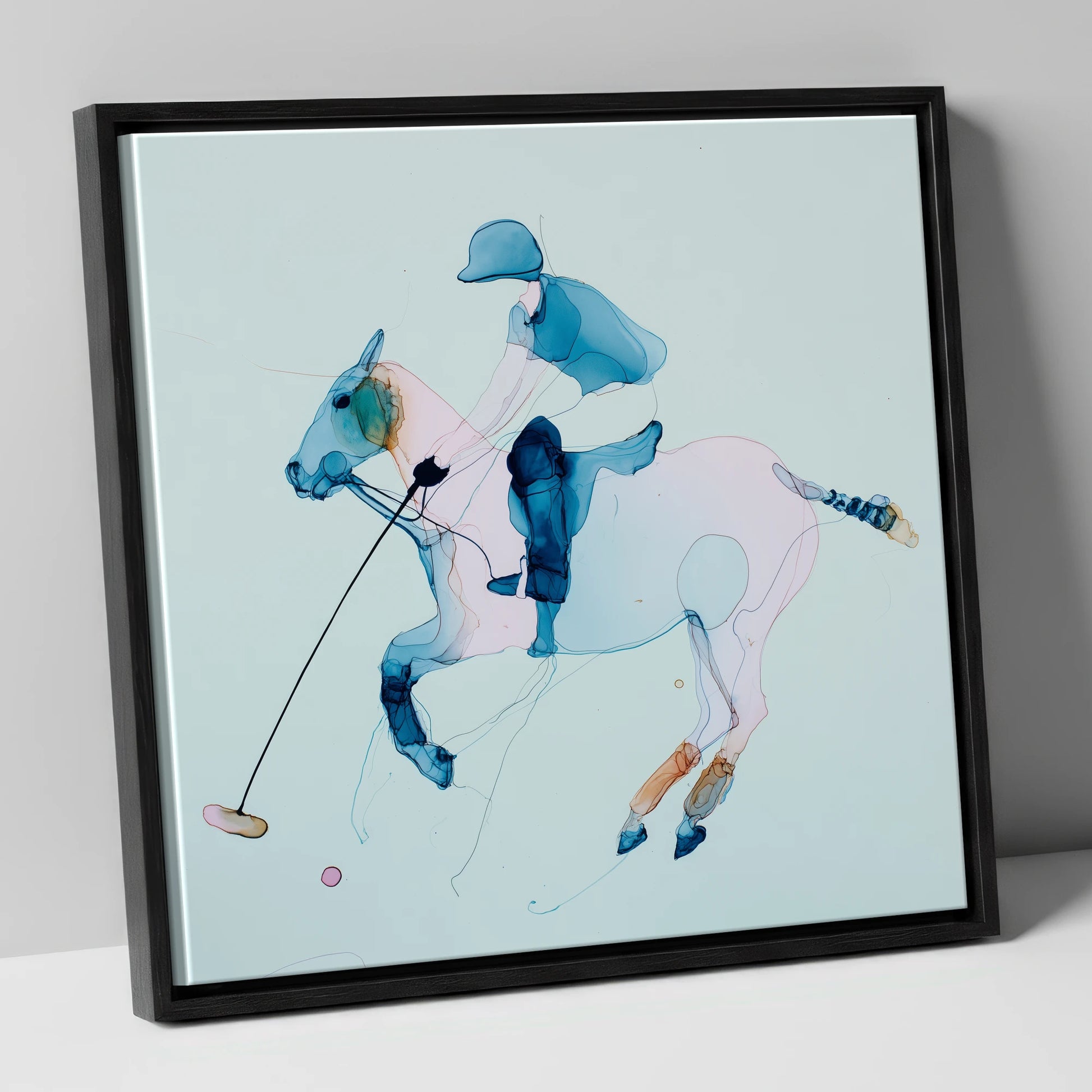 Ethereal Polo Strike polo horse canvas wall art in black frame