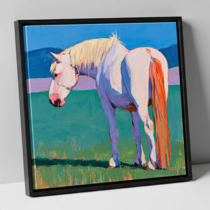 White Horse in Vibrant Light horse breed canvas wall art in black frame