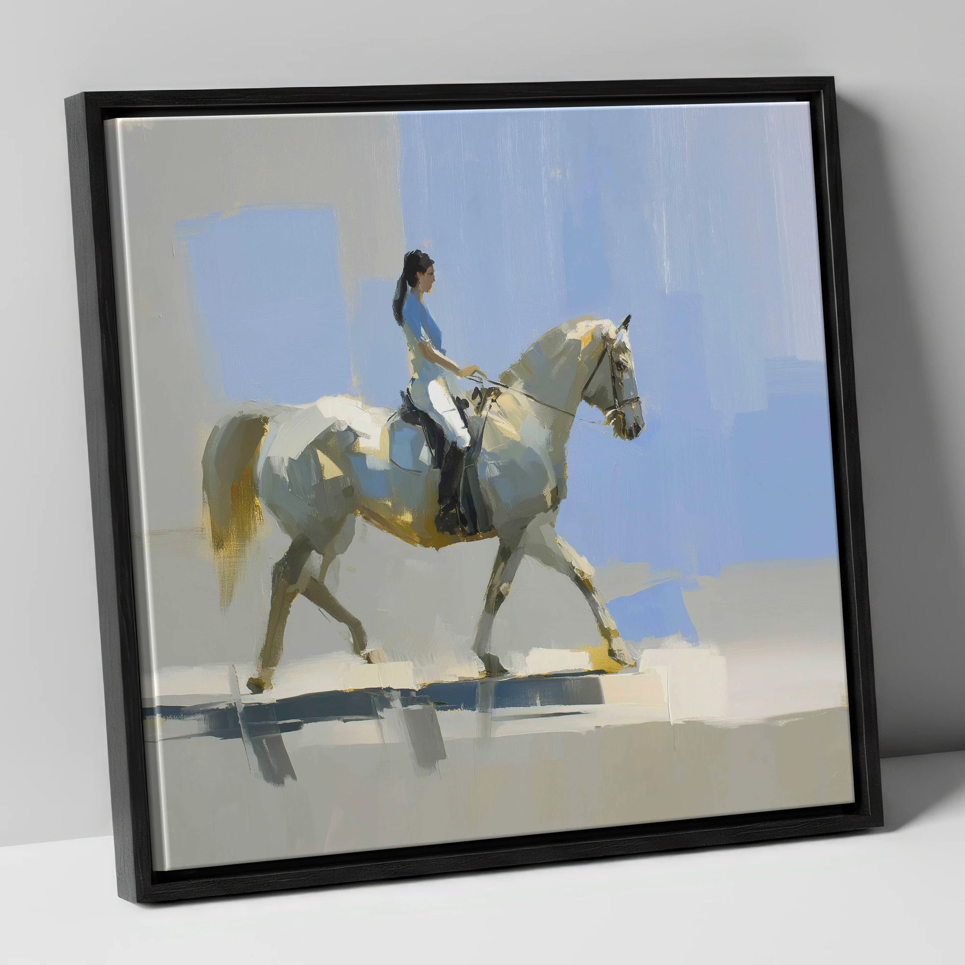 The Sunlit Grey dressage horse canvas wall art in black frame