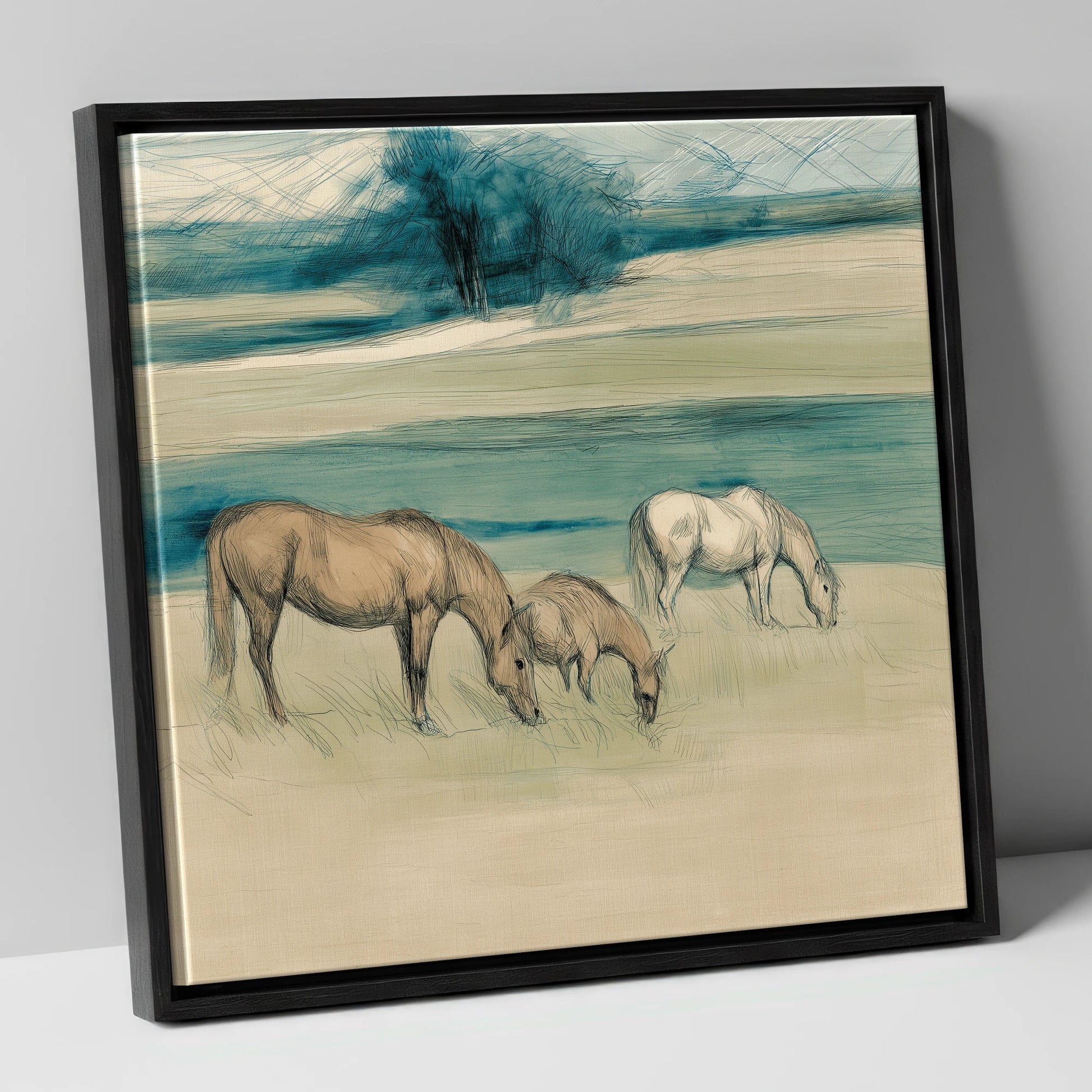 Tranquil Teal Pastures mare & foal canvas wall art in black frame