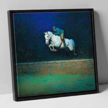 Moonlit Flight show jumping horse canvas wall art in black frame