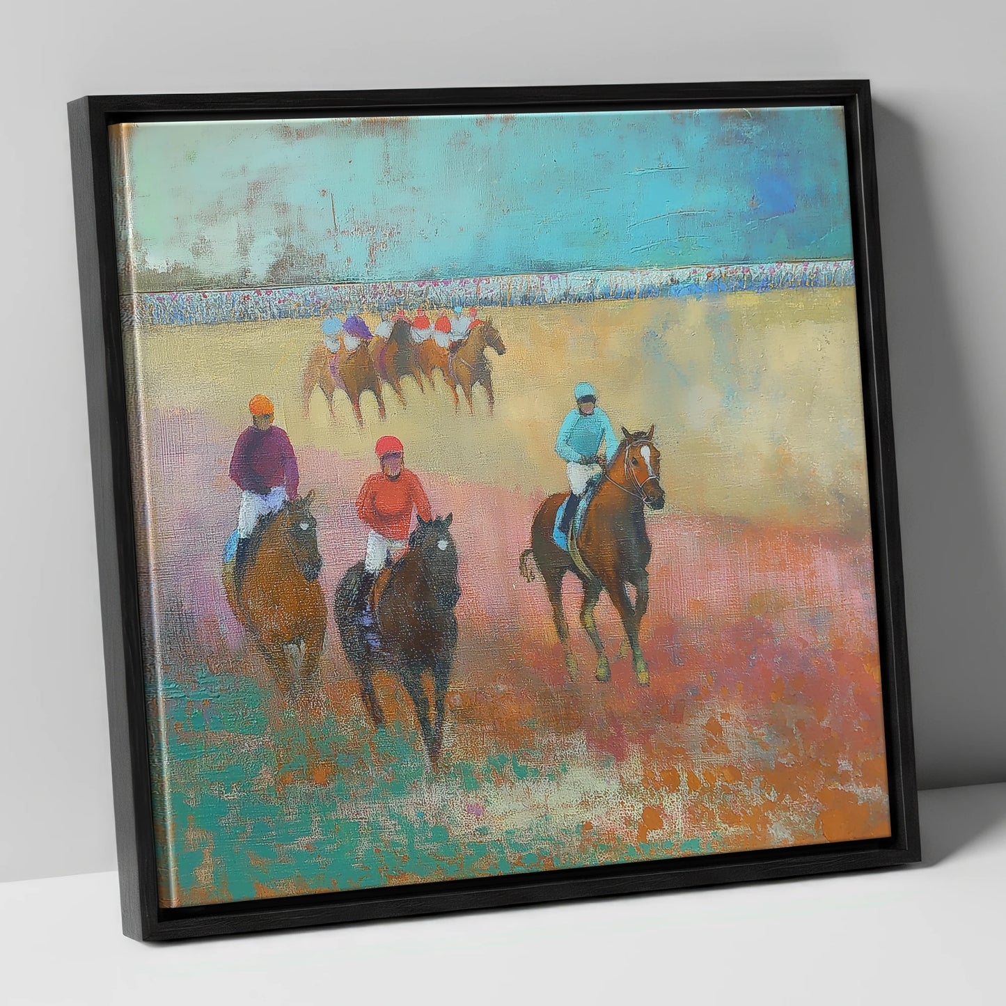 Silks Across the Furlong racing horse canvas wall art in black frame