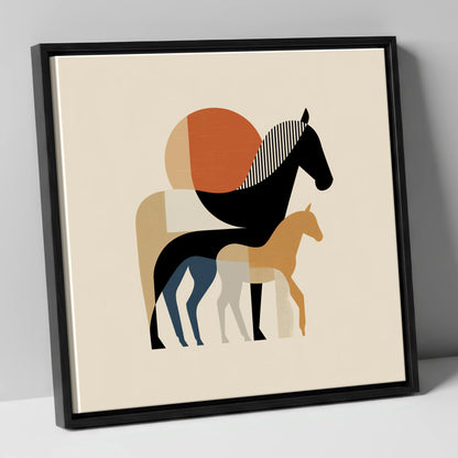 Geometric Equine Bond mare & foal canvas wall art in black frame
