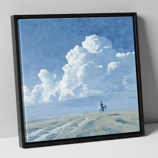 Vast Blue Horizon horse landscape canvas wall art in black frame