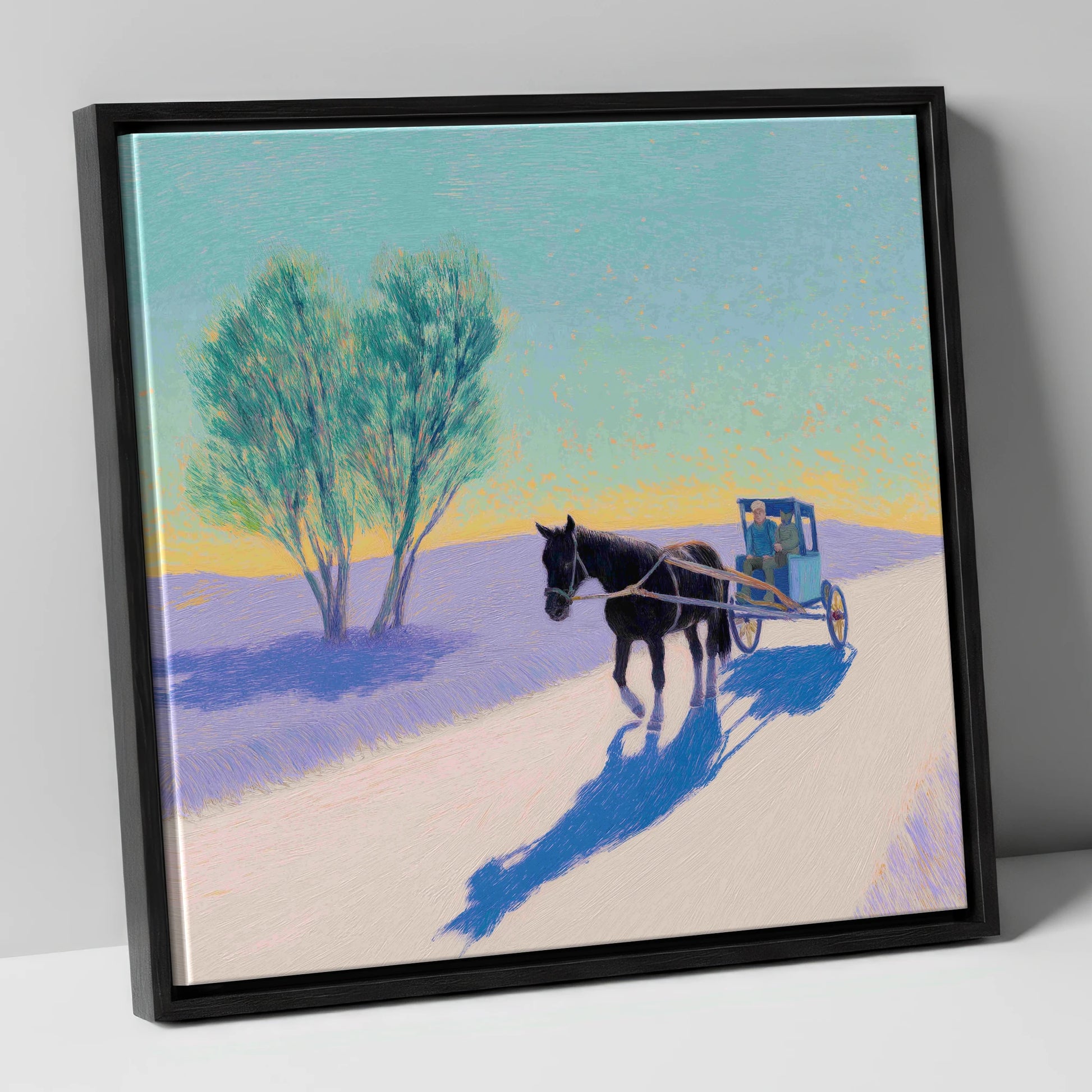 Journey in Lavender Light working horse canvas wall art in black frame