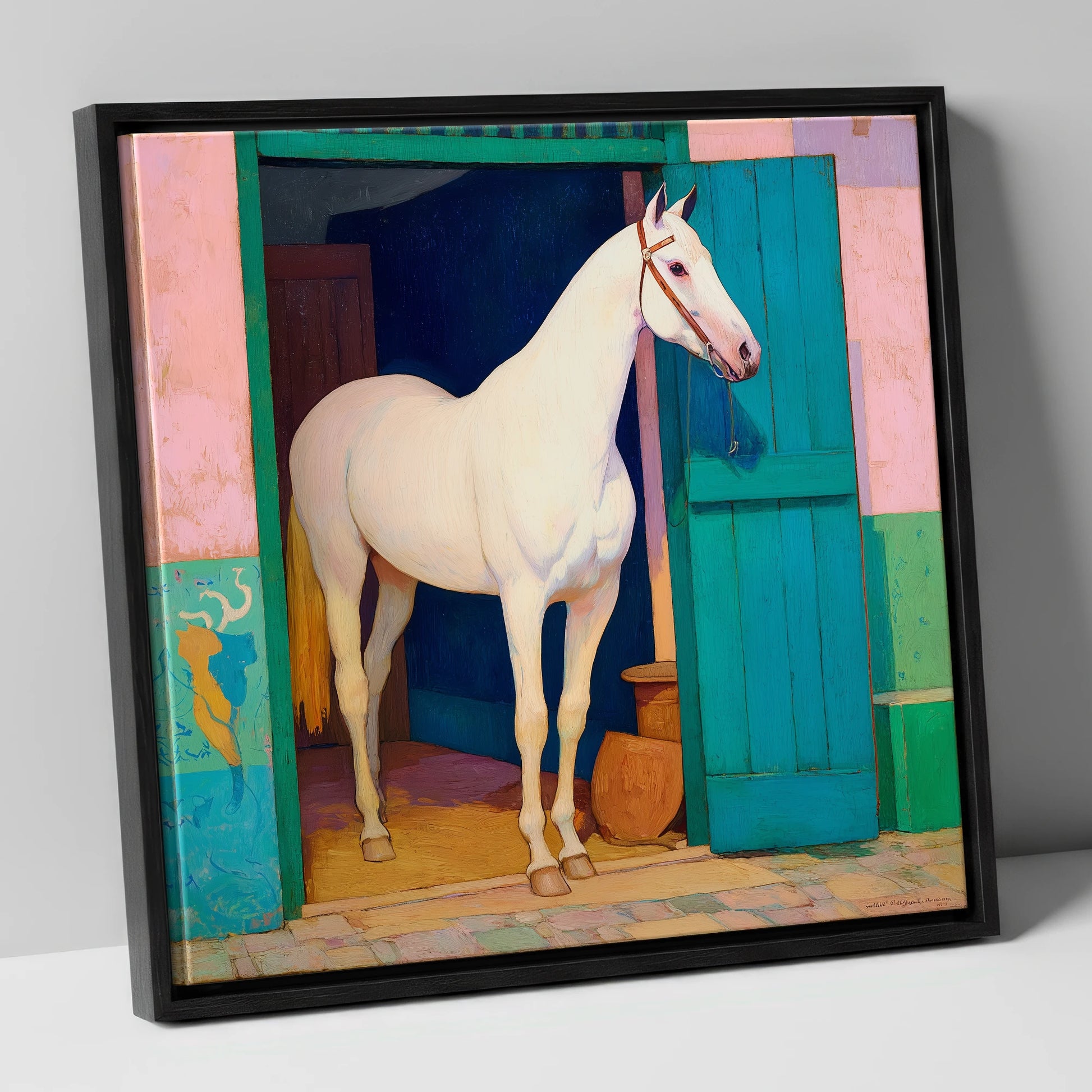 The Turquoise Door horse stable canvas wall art in black frame