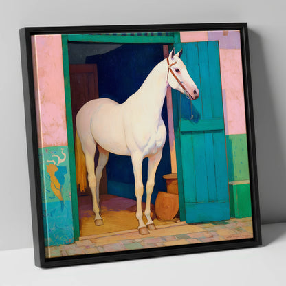 The Turquoise Door horse stable canvas wall art in black frame