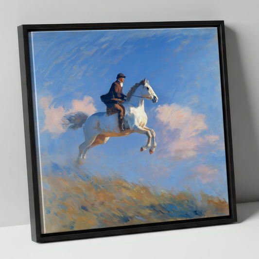 Airborne Against Blue show jumping horse canvas wall art in black frame