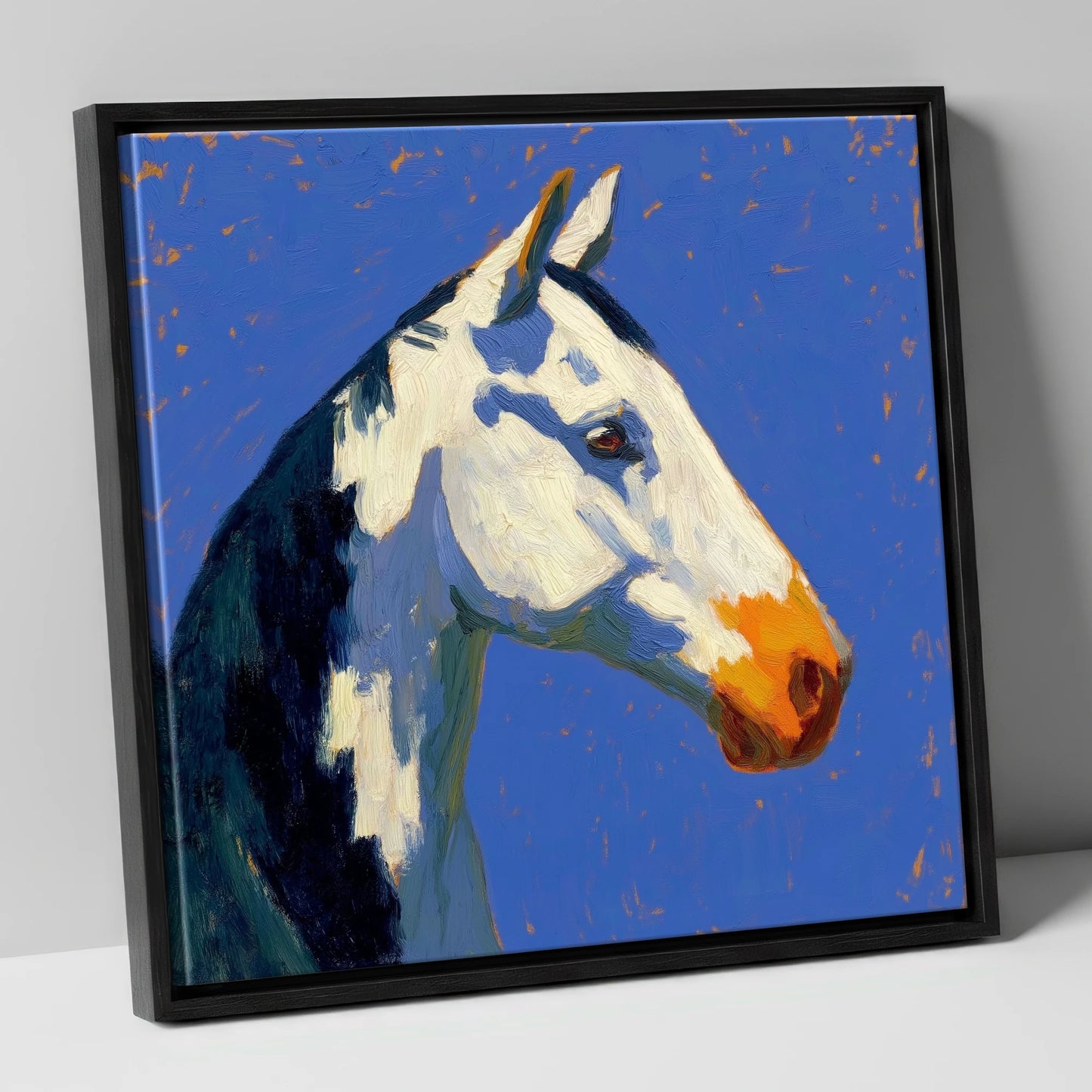 Vibrant Painted Profile horse portrait canvas wall art in black frame