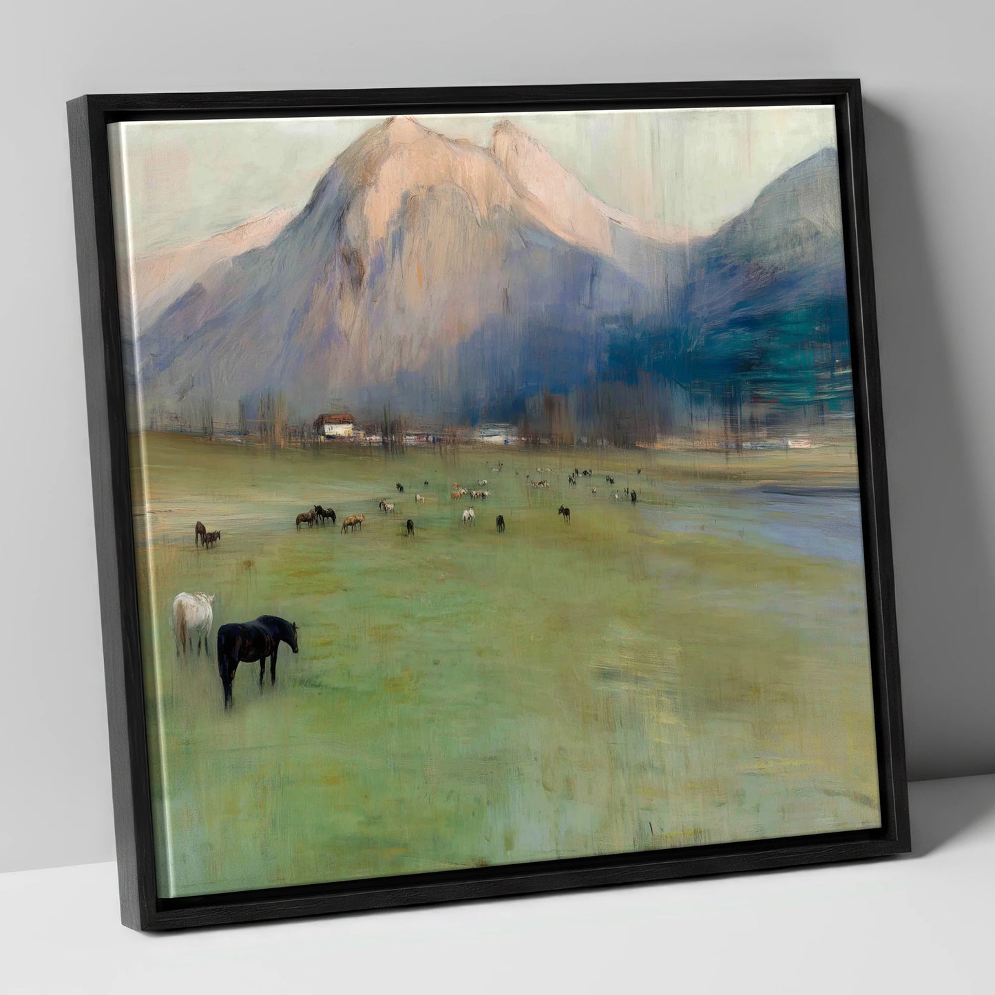 Alpine Grazing horse landscape canvas wall art in black frame