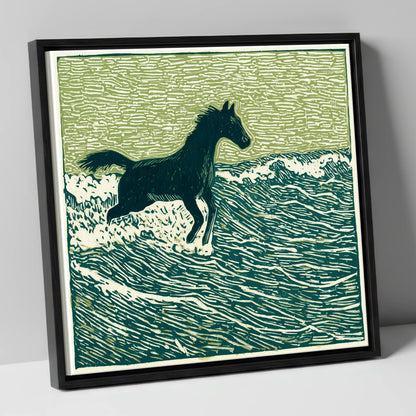 Wild Coastal Canter beach horse canvas wall art in black frame