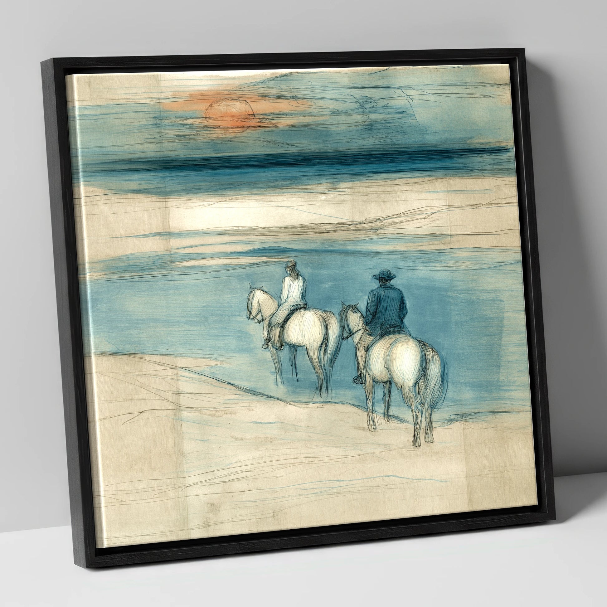 Twilight Shoreline Ride horse landscape canvas wall art in black frame