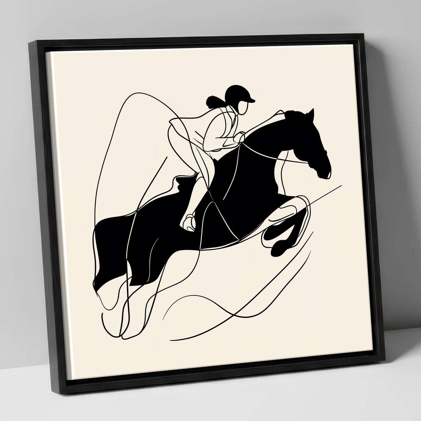 Fluid Showjumping Silhouette show jumping horse canvas wall art in black frame