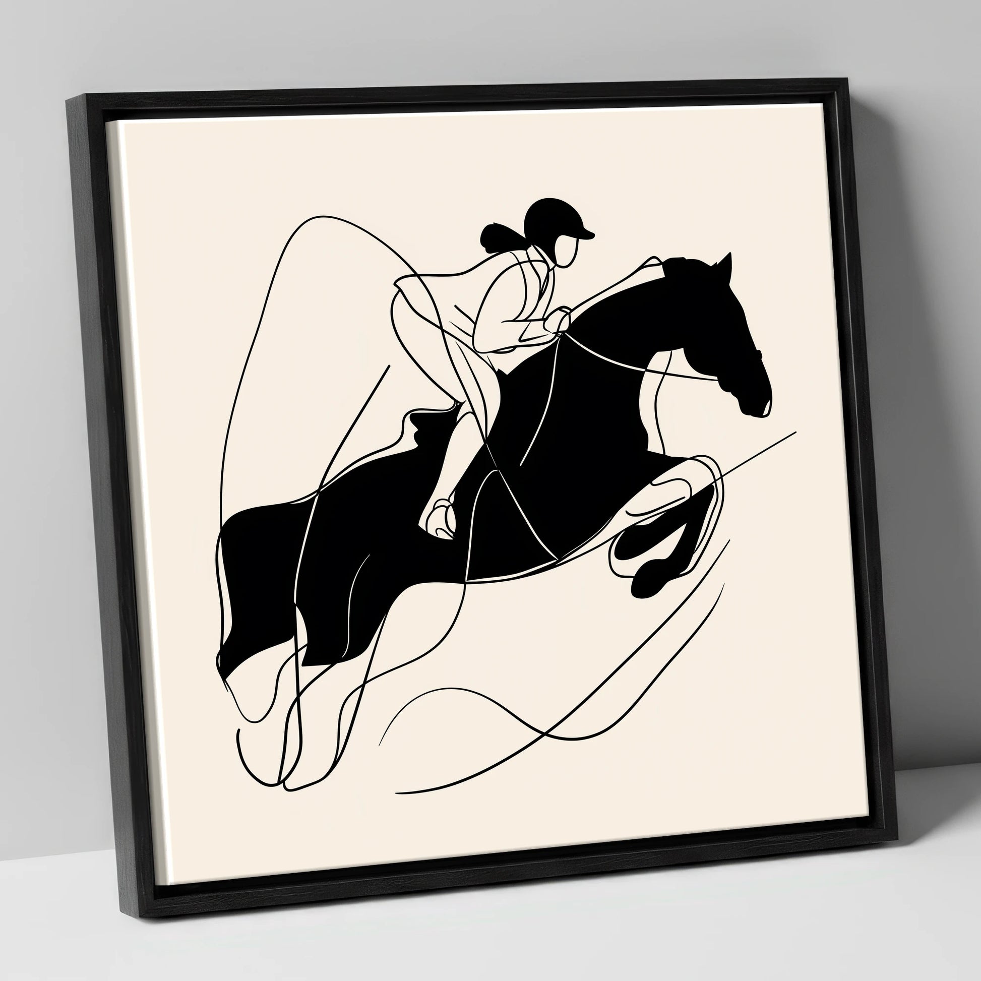 Fluid Showjumping Silhouette show jumping horse canvas wall art in black frame