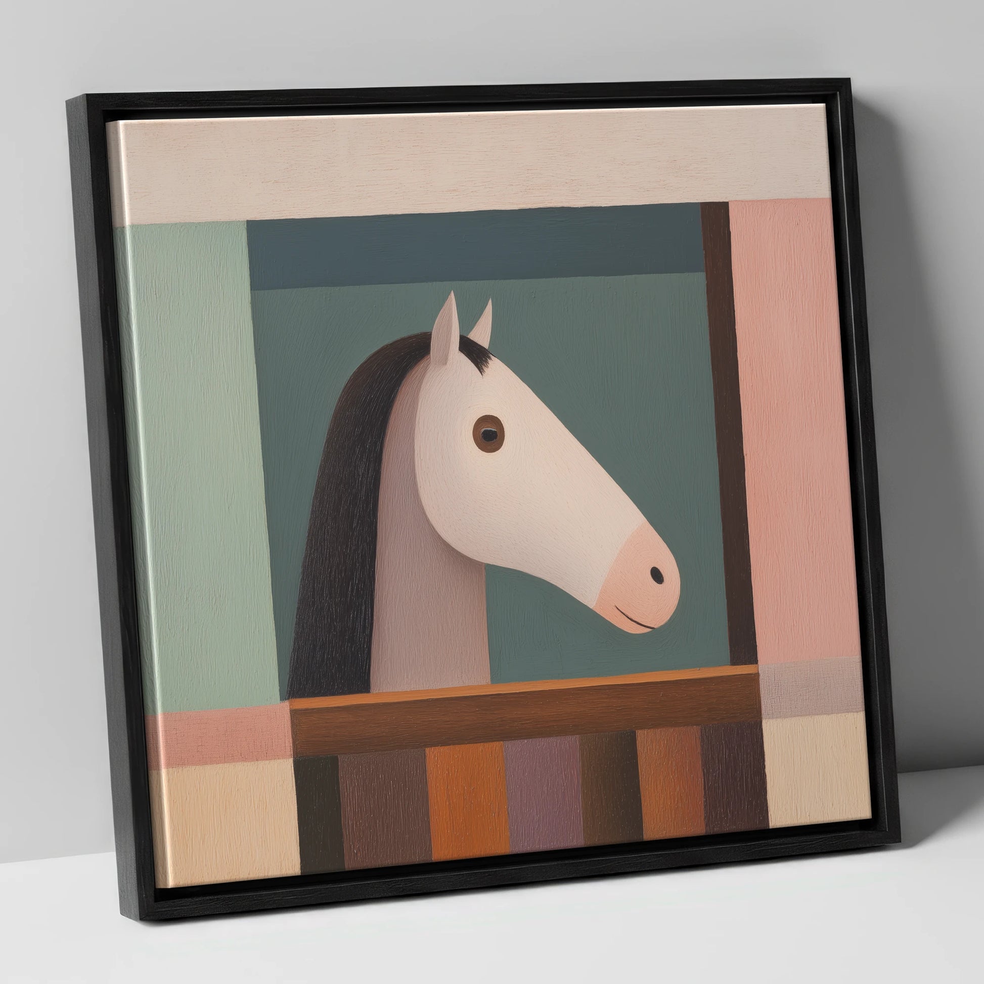 The Quiet Stable Companion horse stable canvas wall art in black frame