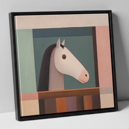 The Quiet Stable Companion horse stable canvas wall art in black frame