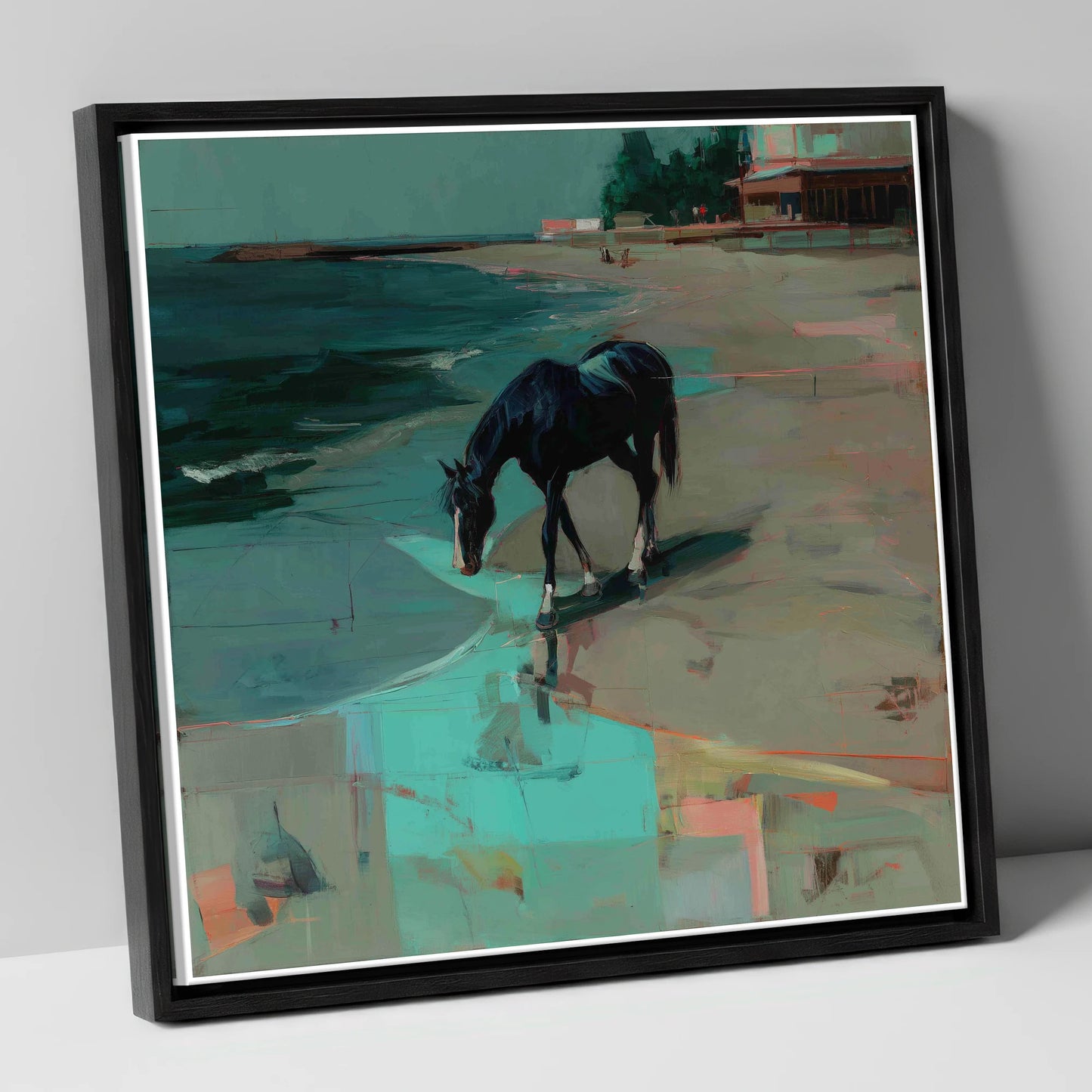 Coastal Solitude horse landscape canvas wall art in black frame