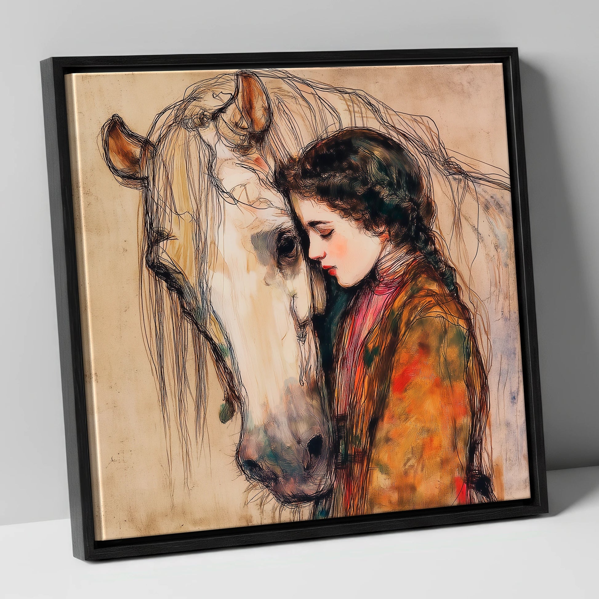 The Silent Language horse & rider canvas wall art in black frame