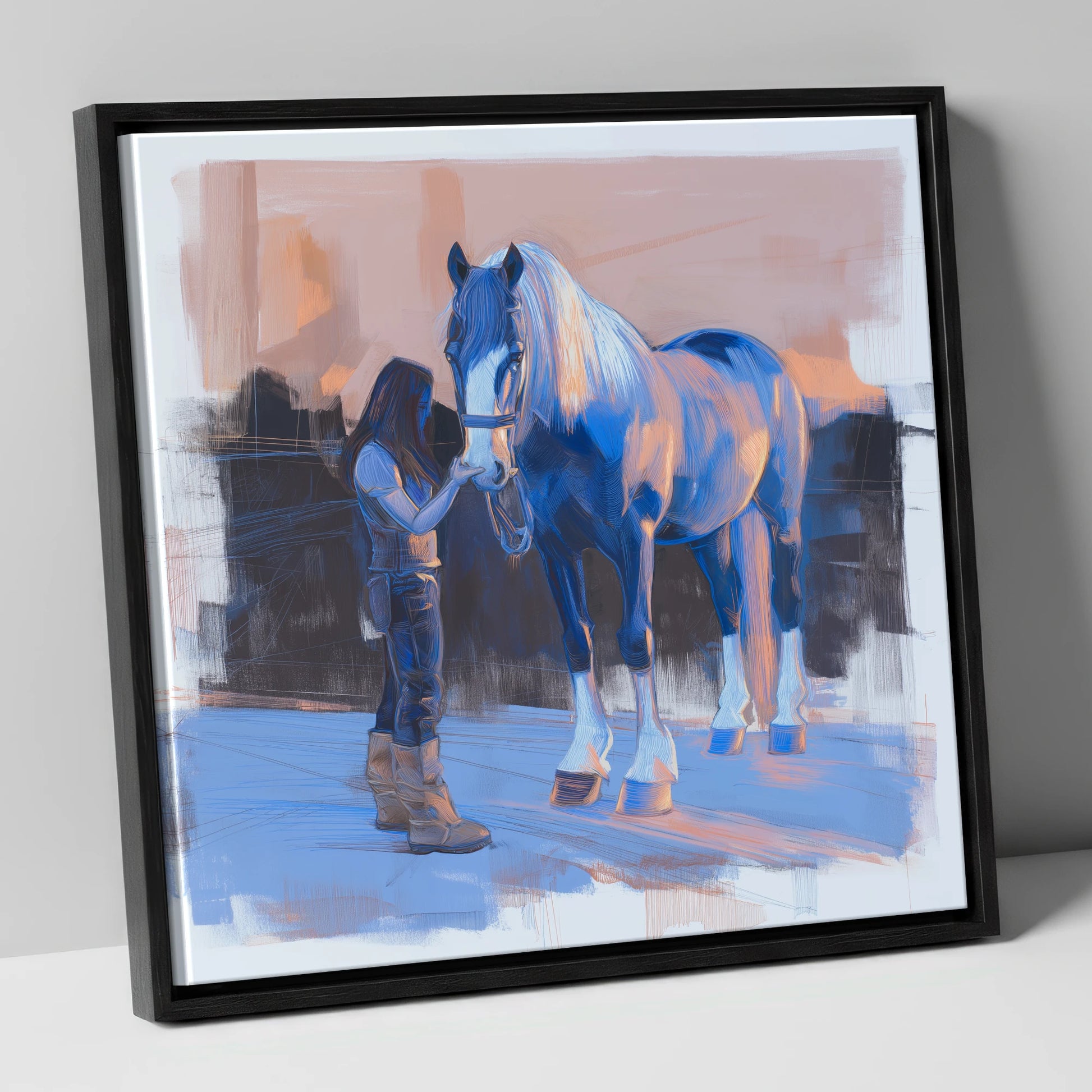 The Gentle Bond horse & rider canvas wall art in black frame