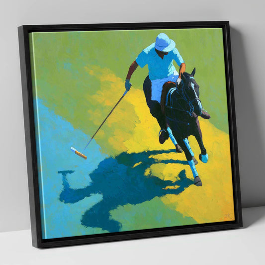 Shadows of the Chukka polo horse canvas wall art in black frame