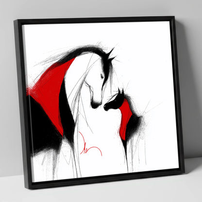 Crimson Bond mare & foal canvas wall art in black frame