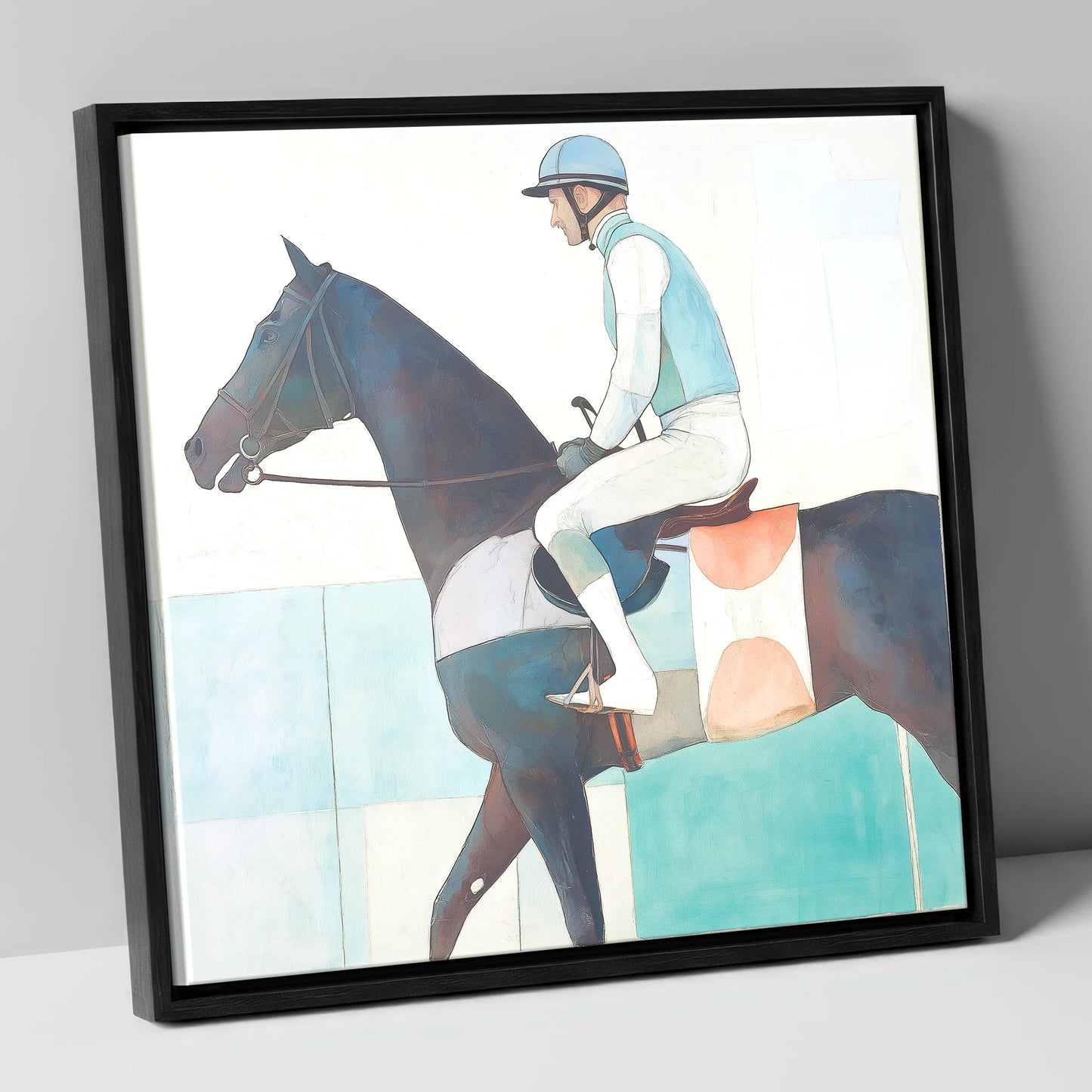 Aquamarine Stride racing horse canvas wall art in black frame