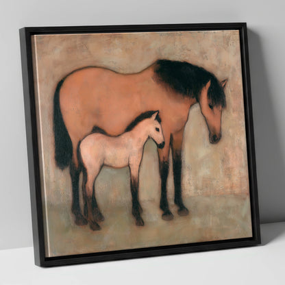 Earthen Bond mare & foal canvas wall art in black frame
