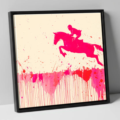 Magenta Flight show jumping horse canvas wall art in black frame