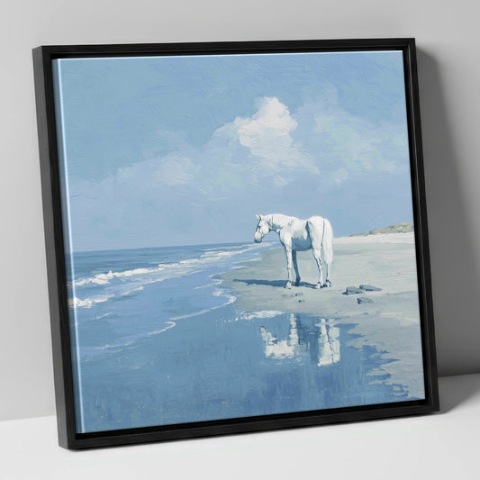 Reflections at Ebb Tide horse landscape canvas wall art in black frame