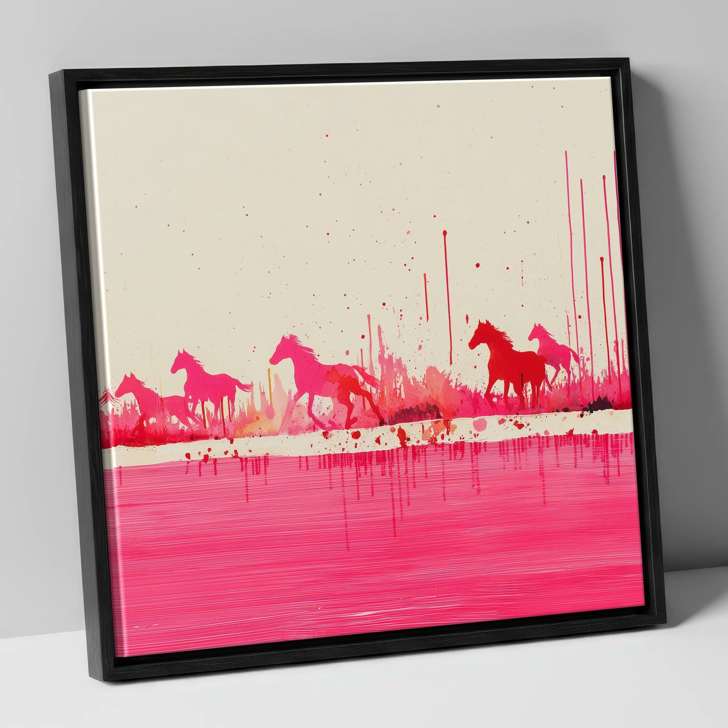 Crimson Gallop wild horses canvas wall art in black frame