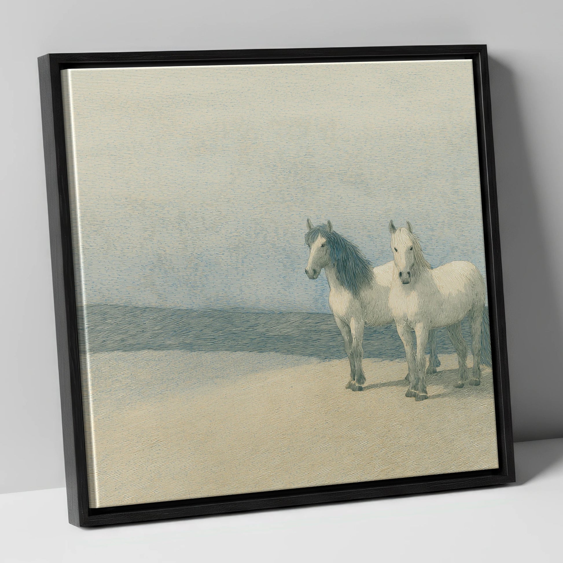 Slate Blue Companions horse landscape canvas wall art in black frame